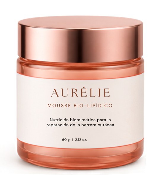 Frasco de vidrio ámbar con tapa rose-gold de Aurélie Mousse Bio-Lipídico, 60 g